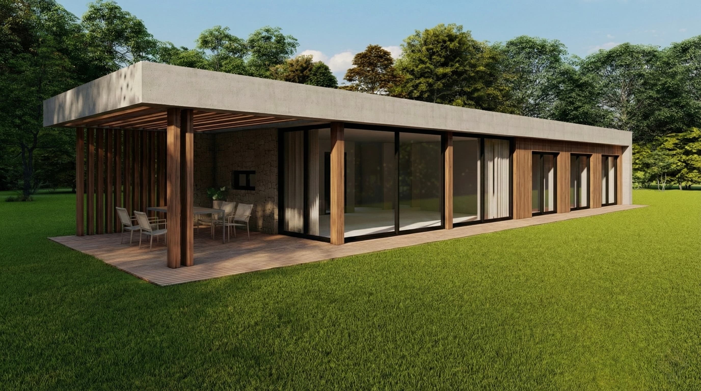 Vivienda modular con estructura de madera y porche